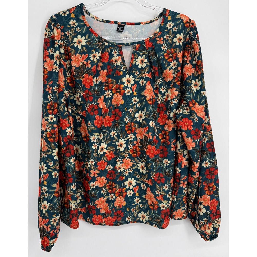 SHEIN Curve Womens Sz 2XL Floral Keyhole Blouse Orange Teal Long Slv Pleated Top